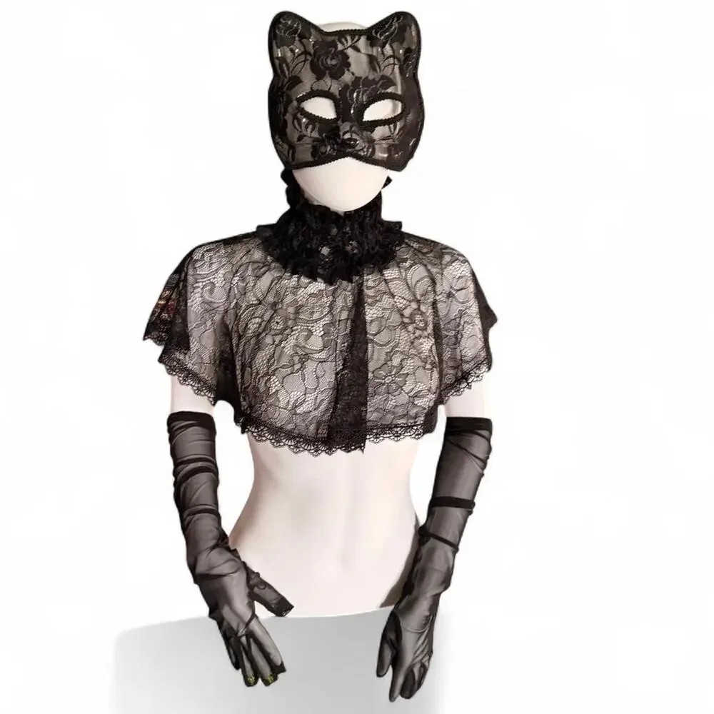 Sleek Black Floral Lace Plastic Cat Feline Mask Whiskers Glam Goth Avant Garde